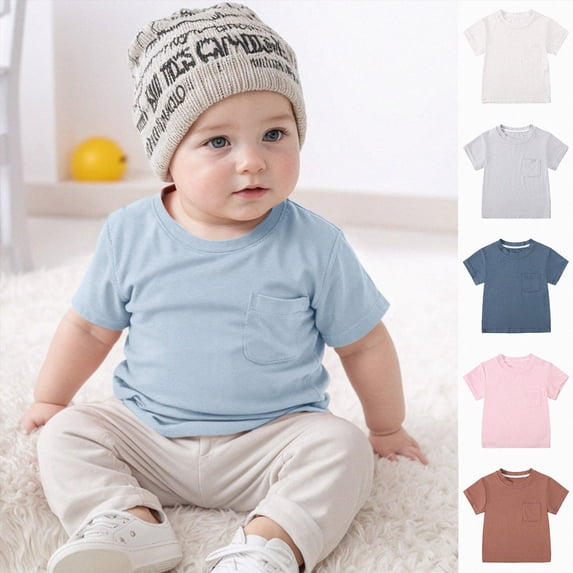 NIEWTR 2-3 Years T-shirts for Boys Girls Baby Boys T Shirts Kids Short Sleeve Pocket Shirt Crewneck Summer Basic Tee Tops,A118-Blue