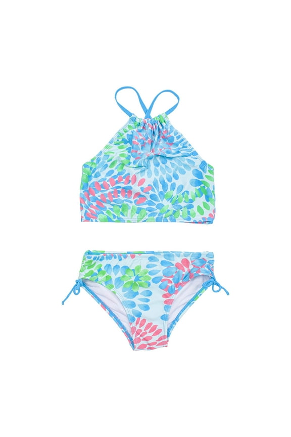 2 Pcs Girl Swimwear Floral Tops Drawstring Bikini Bottoms Suit Girls Suit Girls Bikini New Split Water Drop Print Bikini Swimwear Beach Bathing Suit for Summer Vacation 5-6 Years Green
