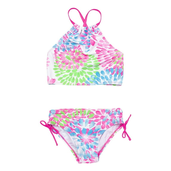 NIEWTR 2 Pcs Girl Swimwear Floral Tops Drawstring Bikini Bottoms Suit Girls Suit Girls Bikini New Split Water Drop Print Bikini Swimwear Beach Bathing Suit for Summer Vacation 7-8 Years Pink