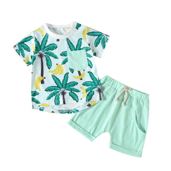 NIEWTR 2Pcs Baby Boy Cartoon Print Summer Outfits 3 6 12 18 24 Months 3 Years Short Sleeve T-Shirt + Elastic Shorts Set For 18-24 Months 2t 3t 4t 5t 6t Children's Day Gift 2PCS Set ,18-24 Months