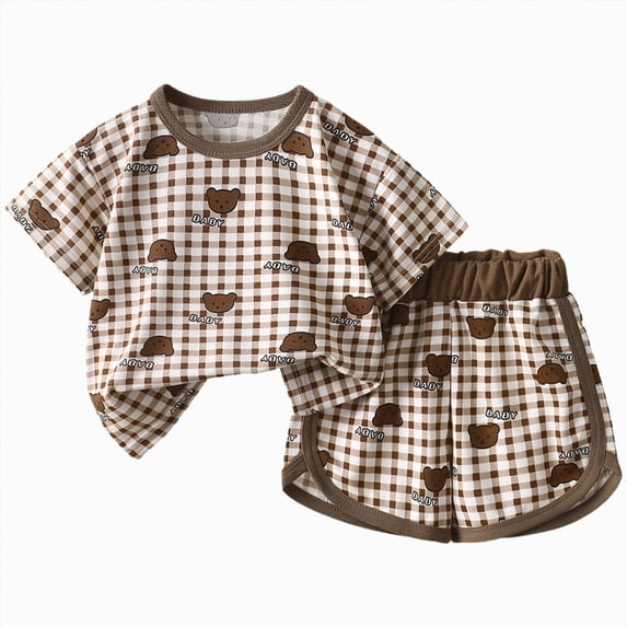 NIEWTR 2T 3T 4T 5T Kids Pajamas Set Toddler Short Sleeve Round Neck Tee & Soft Elastic Shorts Set Soft Airy Pajamas Gift Set Summer Sleepwear(A-Brown,7-8 Years)