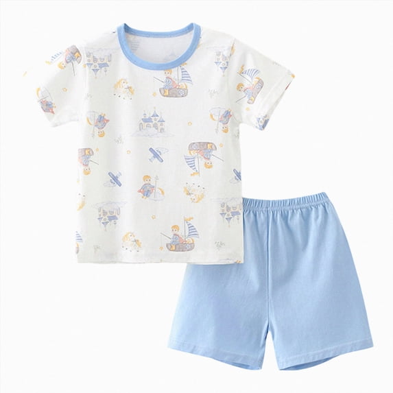 NIEWTR 2T 3T 4T Kids Pajamas Set for Girl Boy Short Sleeve Round Neck Tee + Stretchy Shorts Breathable Pajamas Gift Set Summer Loungewear(A-Blue,9-10 Years)