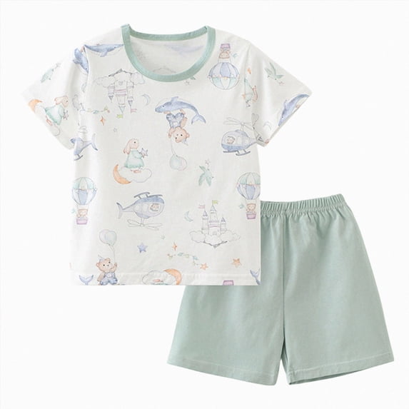 NIEWTR 2T 3T 4T Kids Pajamas Set for Girl Boy Short Sleeve Round Neck Tee + Stretchy Shorts Breathable Pajamas Gift Set Summer Loungewear(A-Green,18-24 Months)