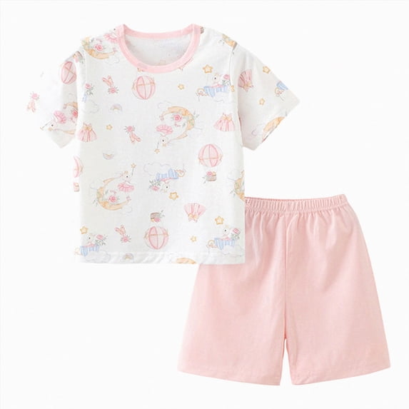 NIEWTR 2T 3T 4T Kids Pajamas Set for Girl Boy Short Sleeve Round Neck Tee + Stretchy Shorts Breathable Pajamas Gift Set Summer Loungewear(A-Pink,3-4 Years)