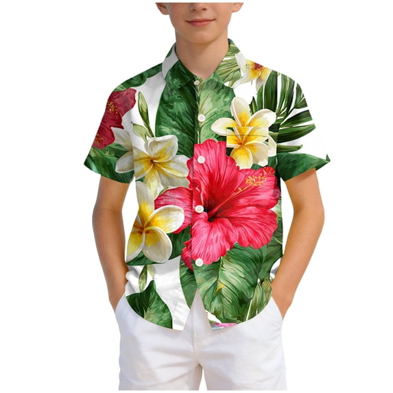 NIEWTR 3T 4T 5T 6T 7T Boys Hawaiian Shirt Short Sleeve Button Down Shirt Casual Floral Tropical Beach Shirts(A-Green,8-9 Years)