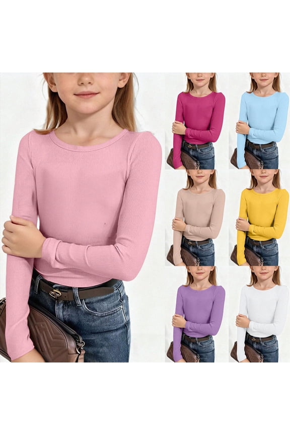 9-10 Years Juniors Girls Boys Girls' Long Sleeve Shirts Warm Crew Neck T Shirts Children Plain Comfortable,A97-Light Blue