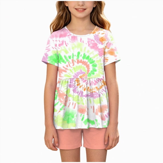 NIEWTR 9-10 Years Teen Girls'Clothing 2 Piece Sets Summer Short Sleeve Graphic T Shirt And Print Shorts Outfit Set Yoga Gym Outfit Top and Flare Pants Set A7-Gold
