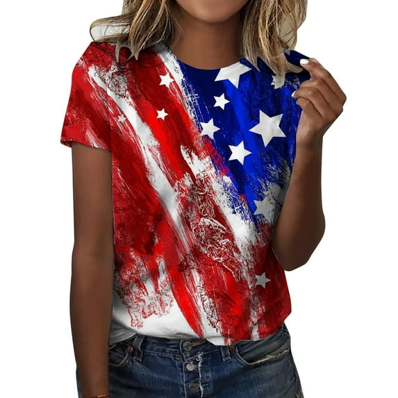 NIEWTR American Flag T-Shirt for Women USA Stars & Stripes T-Shirt July 4th Tees Patriotic Tshirt Casual US Flag Short Sleeve Shirt Tops(Red,L)