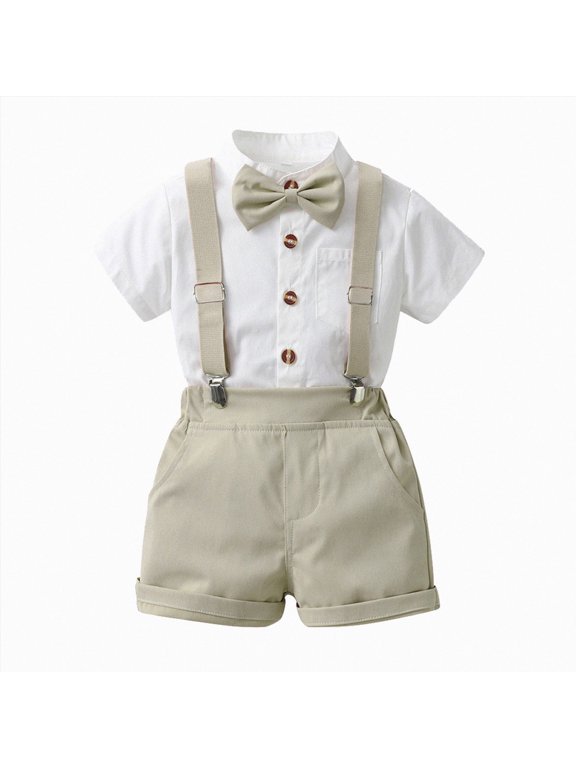 Baby Boy Clothes Suits Toddler Dress Shirt With Bowtie Suspender Pants Outfit Sets Gentleman Wedding 1-6 Years Kids Ceremony Party Gift(A-Beige,9-12 Months)
