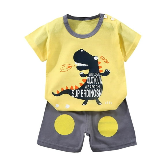 NIEWTR Baby Boy Clothes Toddler Summer Dinosaur Outfit Short Sleeve T-Shirt Tee Tops Joggers Casual Shorts 2Pcs Clothing Set For 1t 2t 3t 4t 5t 6t (Light Yellow,6-12 Months)