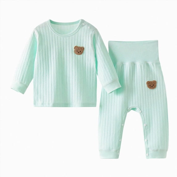 NIEWTR Baby Boy Girl Blue Ribbed Clothes Set 2Pcs Infant Long Sleeve Top and Pants Bear Patch Clothing Outfits