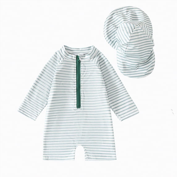 NIEWTR Baby Boy Rash Guard Swimsuit Set with Sun Hat, Long Sleeve One Piece Zipper Sunsuit for Infant Toddler 0-3T(Light Green,2-3 Years)