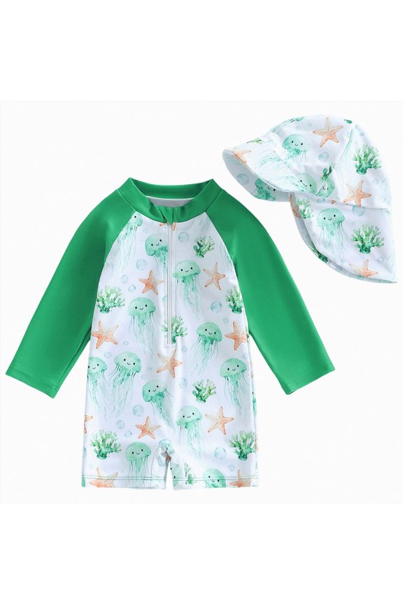 Baby Boy Swimsuit One Piece Long Sleeve Bathing Suit Rash Guard UPF 50+ Sun Protection with Hat (A-Green,2-3 Years)