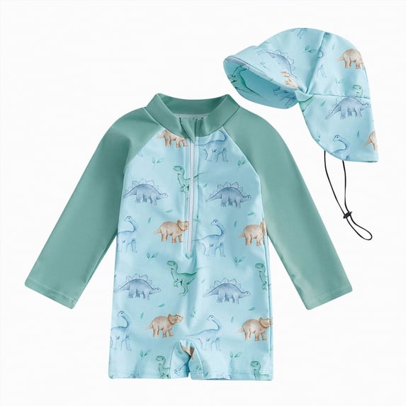 NIEWTR Baby Boy Swimsuit UPF 50+ Long-Sleeve One Piece Zipper Toddler Bathing Suit Baby Beach Wear Sunsuit with Sun Cap Beachwear(Light Green,3-6 Months)