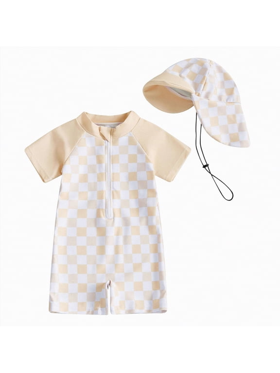 Baby Boys Swimsuit Onepiece Striped Zipper Swimwear Baby Toddler Girls Bathing Suit Rash Guard Swimming Sunsuit(A3-Light Yellow,6-12 Months)