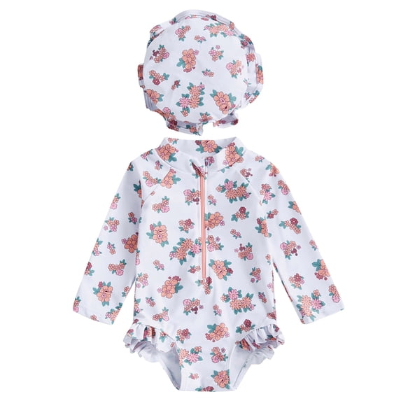 NIEWTR Baby Girl Swimsuit Long Sleeve With Hat Set Zipper Swimsuit Swimwear Beach Bathing Suit for Summer Vacation 0-3 Months White