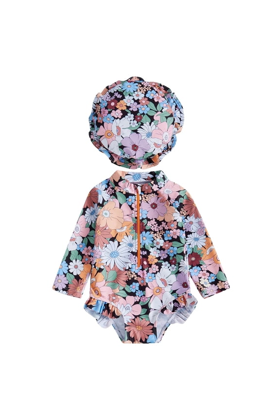 Baby Girl Swimsuit Long Sleeve With Hat Set Zipper Swimsuit Swimwear Beach Bathing Suit for Summer Vacation 6-12 Months Multicolour