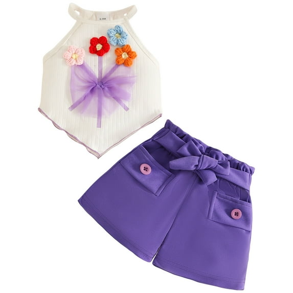 NIEWTR Baby Girls Clothes 18 Months Infant Baby Girls Summer 2PCS Outfits Sleeveless Ruffle Top Floral Shorts Set 2Pcs Summer Gift Set 18-24 Months,Purple