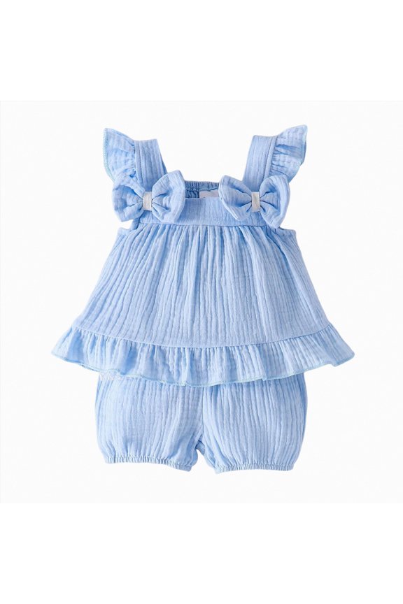 Baby Girls Outfits Summer Girls' Clothing Pattern Small Flying Sleeve Top + Solid Elastic Waist Color Shorts Two-Piece Set For Baby Girls(Blue,18-24 Months)