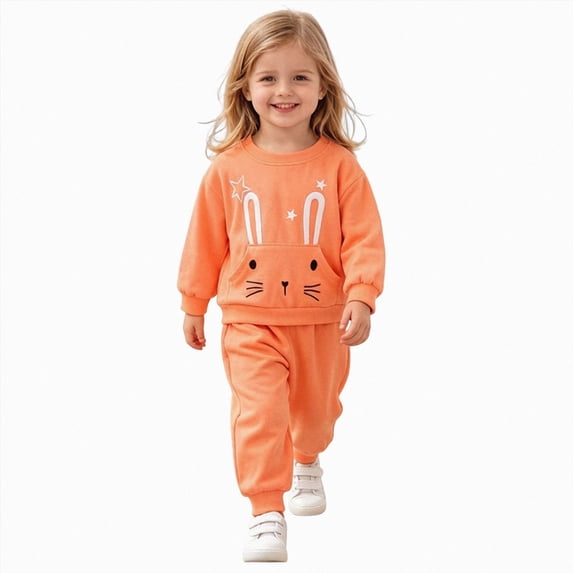 NIEWTR Baby and Toddler Matching Outfits Girls 2-Piece Set Toddler Kids Long Sleeve Knit Shirt with Elastic Waistband Sweatpants Casual Loungewear for 3T 4T(A-Orange,5-6 Years)