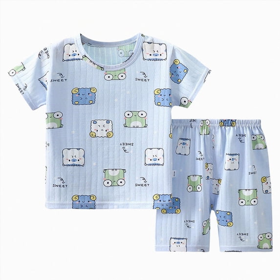 NIEWTR Baby Toddler Summer Pajamas Set Short Sleeve Shirt Paired with Comfy Shorts Breathable Lightweight for 6 12 18 24 Months 2T 3T(A-Blue,3-4 Years)