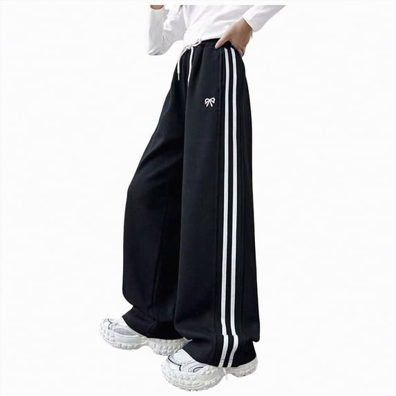 NIEWTR Baggy Sweatpants for Girls Spring Wide Straight Leg Loose Fit Casual Pants Elastic High Waist Drawstring Lounge Joggers(Black,7-8 Years)