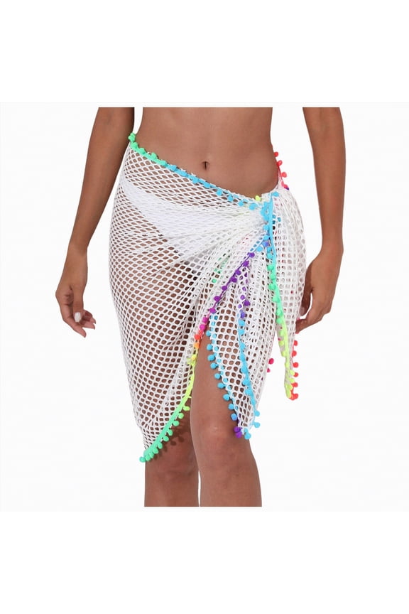Women's Sarong Short Beach Cover Up Skirt Sheer Bikini Wraps Ruffle Hem Bathing Suit Coverups for Swimwear(White,One Size)