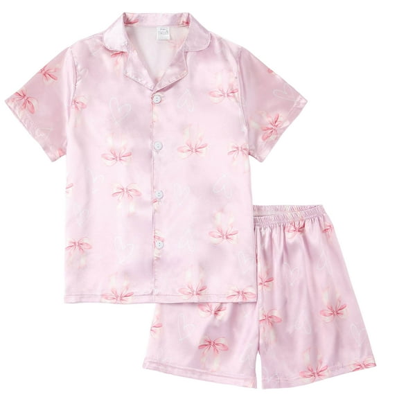 NIEWTR Big Kids Girls Cool Satin Pajama Sets Short Sleeve Button Down Breathable Sleepwear Loungewear Size 7-8 Years(Watermelon Red,8-9 Years)