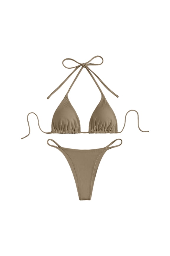 Bikini Sets for Women Adjustable Spaghetti Strap Two Piece Swimsuit Scoop Neck Ruched Bathing Suit(Brown,M)