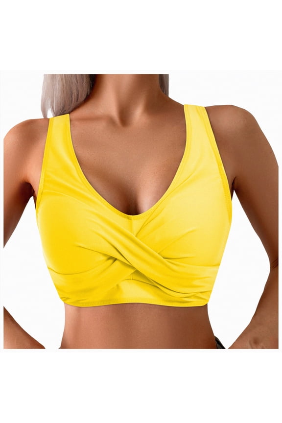 Bikini Tops for Women V Neck Triangle Top Wide Straps Cross Back Lace up(Yellow,L)