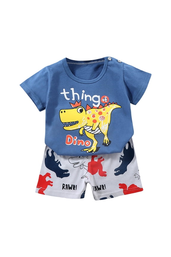 Toddler Baby Boy Girls Summer Outfit Letter Tractor Print Short Sleeve T-Shirt Top with Shorts Set Cute 2Pcs Clothes Children's Gift Cartoon Print (Blue,5-6 Years)