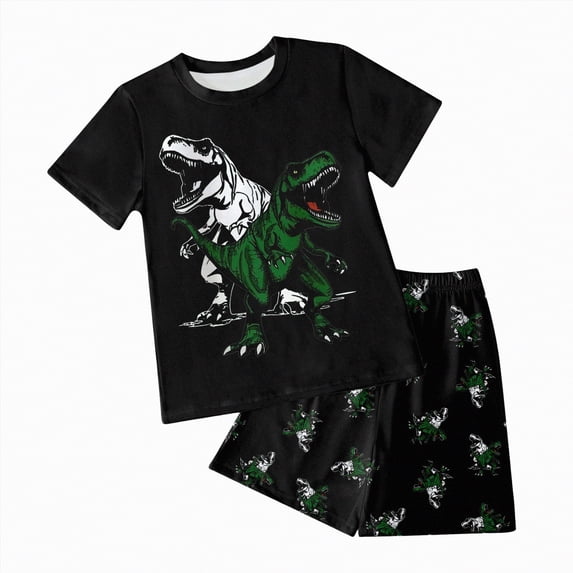 NIEWTR Boys Athletic Breathable Short Sets 2 Piece T-Shirt and Shorts for Kids Loose Dinosaur Outfit Sets(Dark Green,2-3 Years)