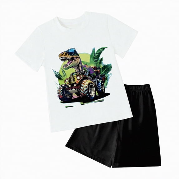 NIEWTR Boys Athletic Breathable Short Sets 2 Piece T-Shirt and Shorts for Kids Loose Dinosaur Outfit Sets(White,4-5 Years)