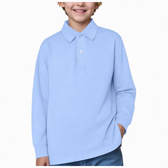 NIEWTR Boys Baggy Fit Long Sleeve Polo Shirt Lightweight Oversized for Jogging Streetwear and Comfortable Casual Style(A01-Light Blue,15-16 Years)