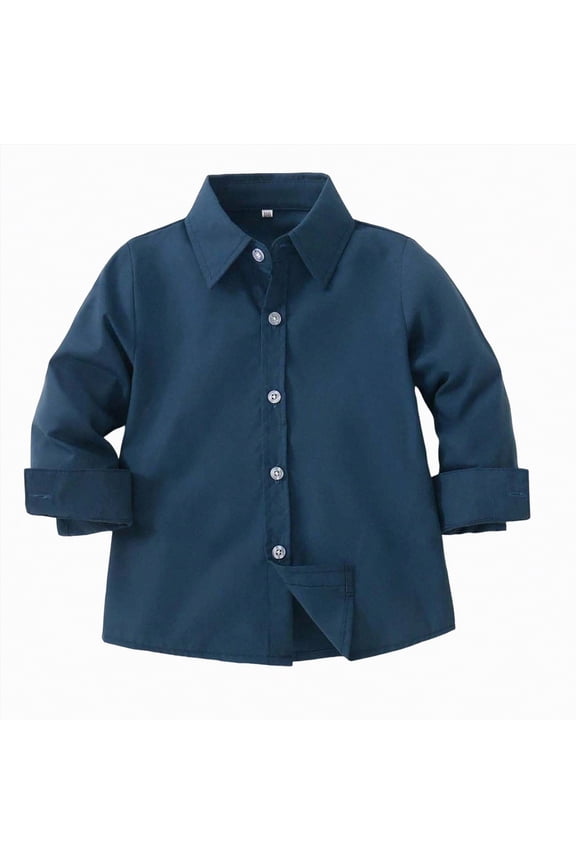 Boys Button Down Shirt Long Sleeve Solid Dress Shirt with Point Collar for Uniform Casual Wear Holidays and Family Photos(A01-Navy,18-24 Months)