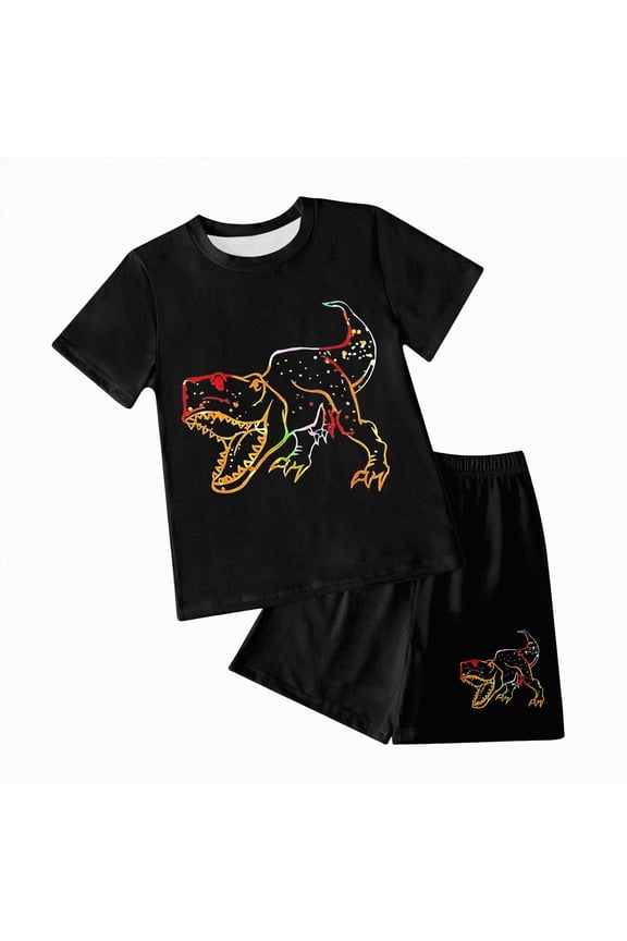 Boys' Clothes Summer Dinosaur Outfit T-Shirt + Shorts 2 Piece Set Casual Summer Clothes for Kids(Black,9-10 Years)