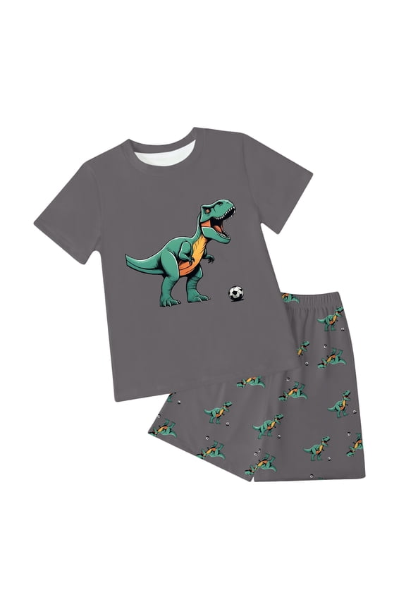 Boys Comfortable And Breathable Short Sleeved Twopiece Set With Simple Lines And Letter Patterns Dailywear Set Summer Outfit (6-7 Years,Dark Gray)