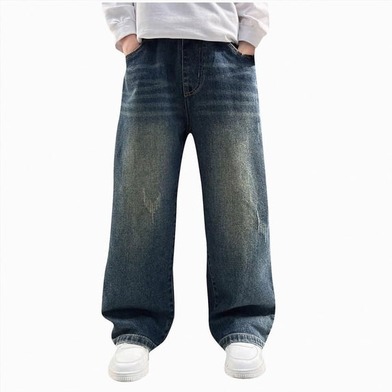 NIEWTR Boys Jeans Straight Wide Leg Jeans Elastic Waist Casual Denim Pants with Pockets Y2K Streetwear Kids Clothes