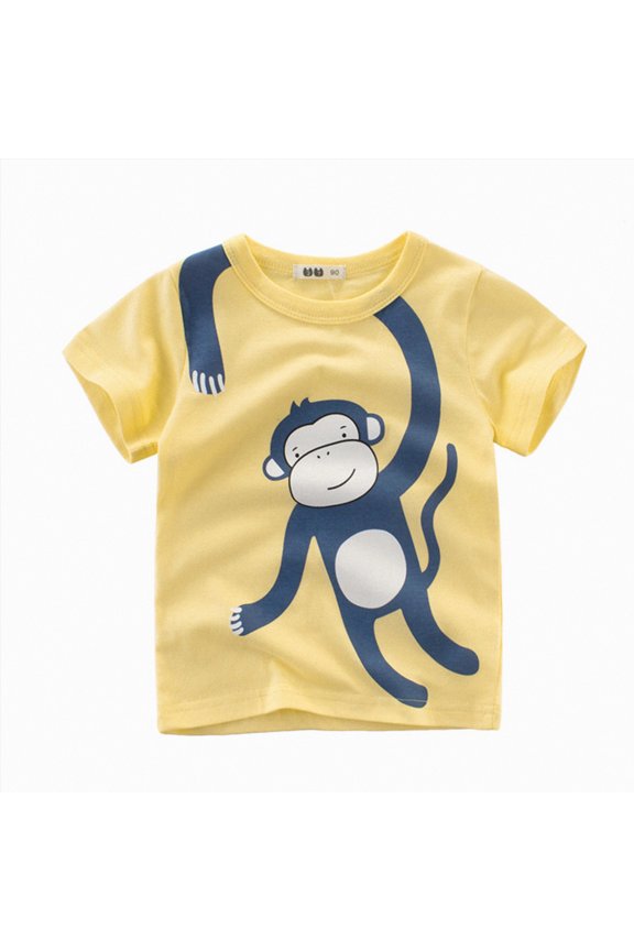 Boys Kids Cartoon Animal Print Short Sleeve T-Shirts Soft Cotton Crew Neck Breathable Summer Casual Kids Top(A-Yellow,1 Year)