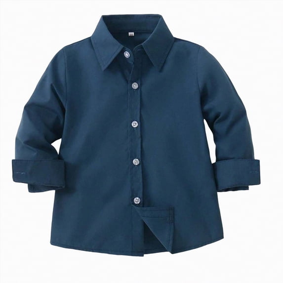 NIEWTR Boys Long Sleeve Button Down Shirt Oxford Dress Shirt Solid Color for Uniform Weddings Graduations and Formal Wear(A-Navy,12-18 Months)
