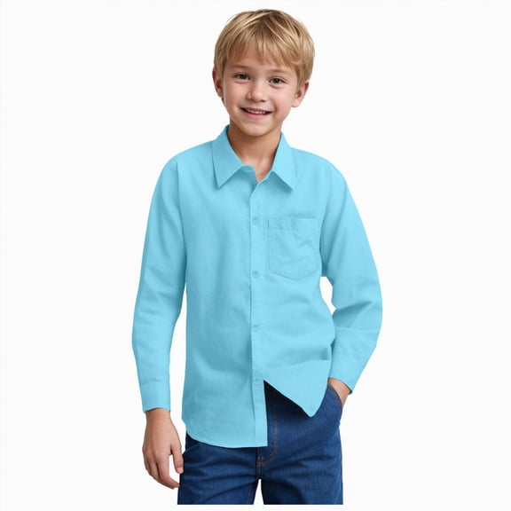 NIEWTR Boys Long Sleeve Dress Shirt Classic Button Down Collared Shirt for Uniform Church Weddings and Everyday School Wear（A01-Sky Blue,7-8 Years)