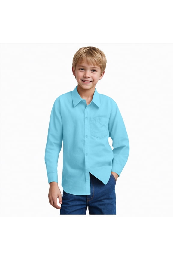 Boys Long Sleeve Dress Shirt Classic Button Down Collared Shirt for Uniform Church Weddings and Everyday School Wear(A01-Sky Blue,7-8 Years)
