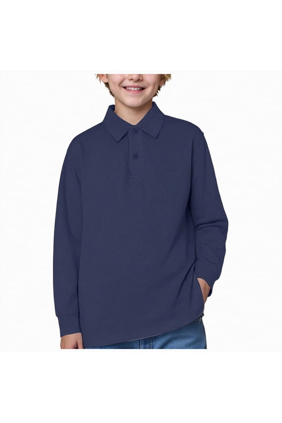 Boys Long Sleeve Polo Shirt Kids Casual Lightweight Collared School Uniform Shirts(A01-Dark Blue,8-9 Years)