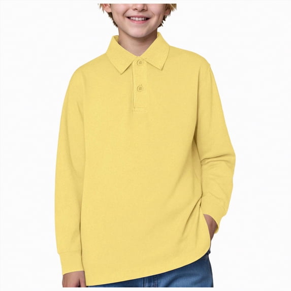 NIEWTR Boys Long Sleeve Polo Shirt Kids Casual Lightweight Collared School Uniform Shirts(A01-Yellow,5-6 Years)