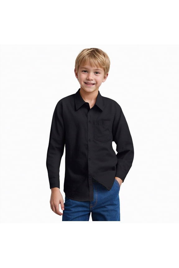 Boys Oxford Dress Shirt Long Sleeve Classic Button Down Solid Color Shirt for Uniform Church and Special Family Events(A-Black,13-14 Years)