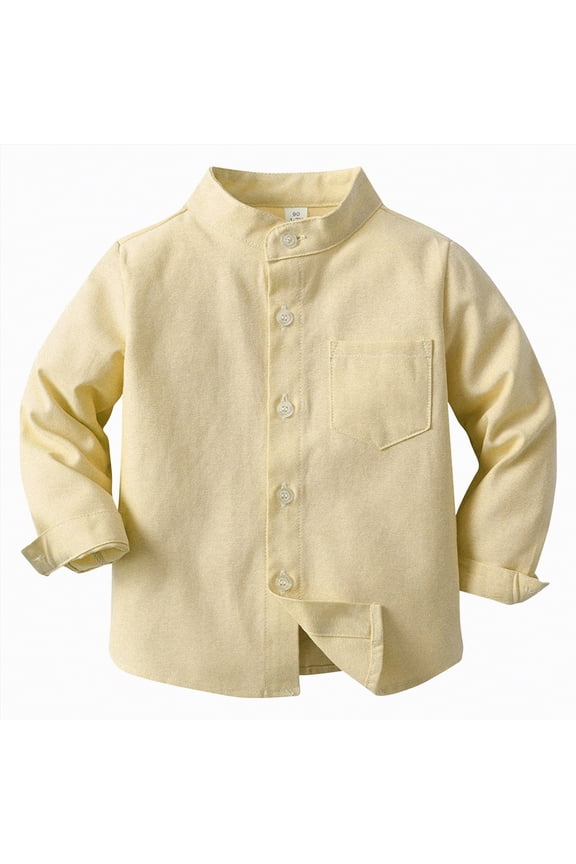 Boys School Uniform Shirt Long Sleeve Solid Button Down Dress Shirt with Button Cuffs for Daily Wear and Special Events（A-Yellow,7-8 Years)