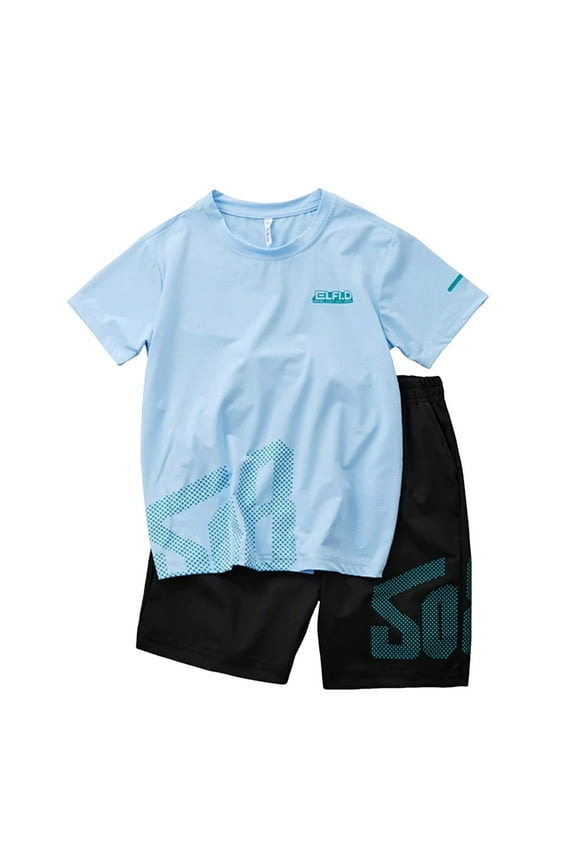 Boys Sports Suit Summer Quick Drying Mesh Short Sleeved Set Childrens Basketball Suit Two Piece Set(Blue,10-11 Years)
