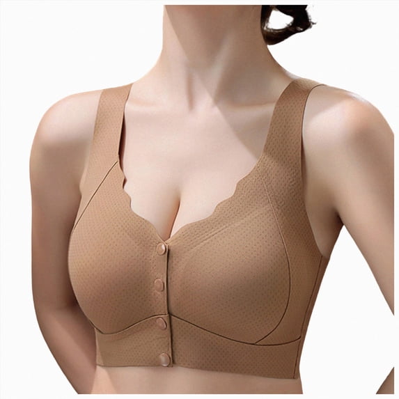 NIEWTR Bras for Older Women Front Closure Push up Bra No Underwire Senior Bra Snaps Adjustable Strap Breathable Bra(Khaki,M)