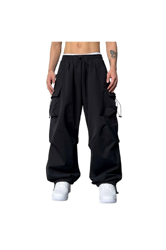 Cargo Pants for Men Baggy Parachute Pants Mens 80S Big Mens Baggy High Waist Loose Fit Relaxed Fit Sweat Pant Work Pants for Men Stretch Waist Hiking Pants (L,A01-Black)