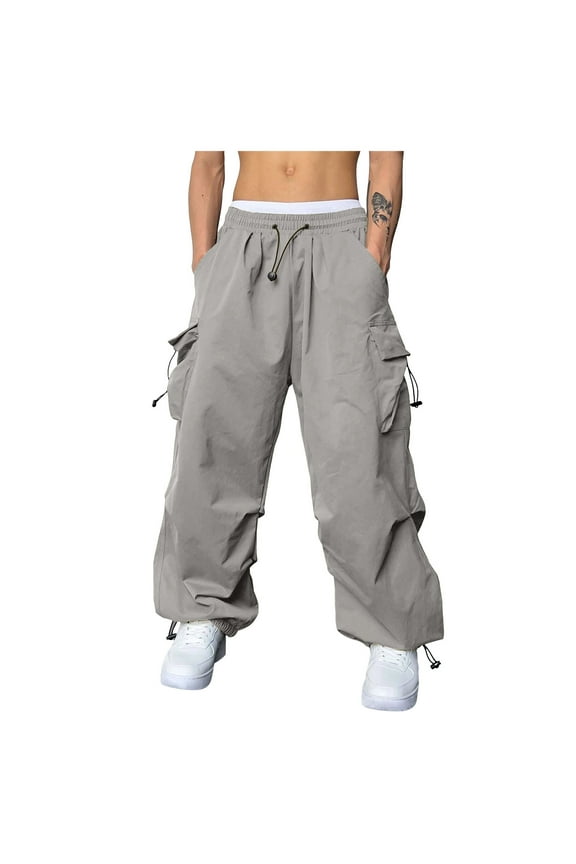 Cargo Pants for Men Street Fashion Wide Leg Parachute Pants Loose Fit Y2K Pants Drawstring Casual Pants Joggers Multi Pockets Work Hiking Pants (XXL,Z03-Light Gray)
